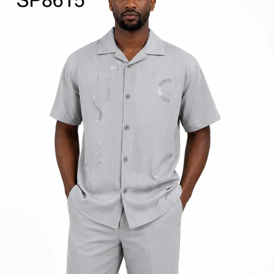 Men’s Light Gray Embroidered Walking Suit Set – 2 Piece Short Sleeve Casual Outfit