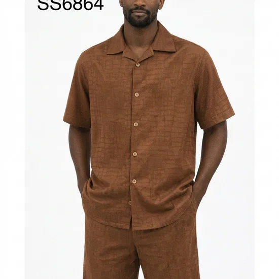 Men’s Brown Textured Short Set – 2 Piece Short Sleeve Casual Summer Outfit