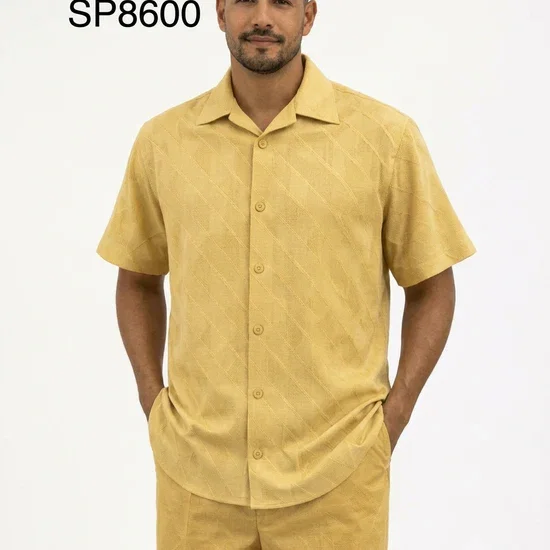 Men’s Light Mustard Linen Walking Suit Set – 2 Piece Short Sleeve Casual Outfit