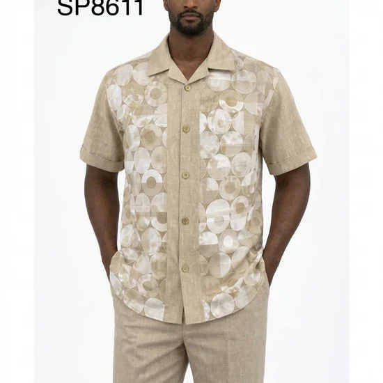 Men’s Beige Geometric Print Linen Walking Suit Set – 2 Piece Short Sleeve Casual Outfit