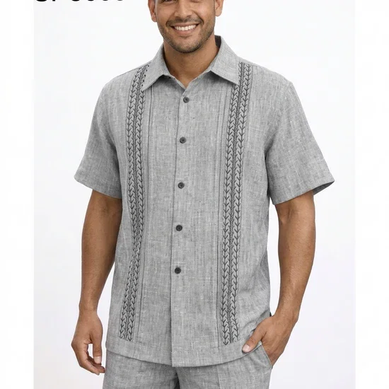 Men’s Gray Embroidered Walking Suit Set – 2 Piece Short Sleeve Casual Outfit