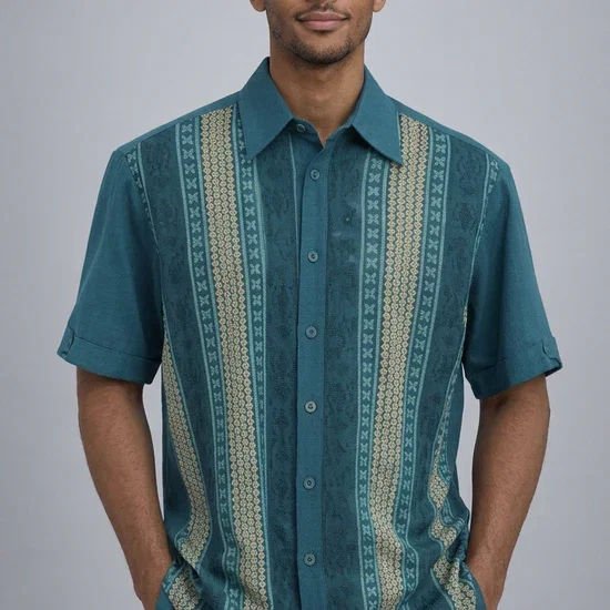 Men’s Teal Vertical Pattern Walking Suit Set – 2 Piece Short Sleeve Casual Outfit