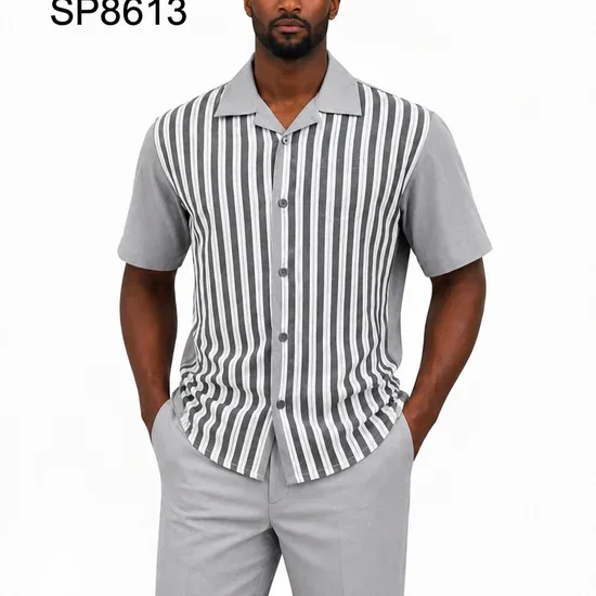 Men’s Light Gray Vertical Stripe Walking Suit Set – 2 Piece Short Sleeve Casual Outfit