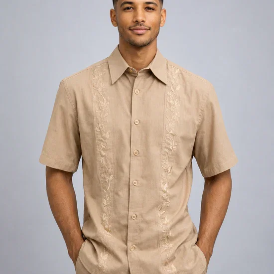 Men’s Sand Beige Embroidered Walking Suit Set – 2 Piece Short Sleeve Casual Outfit