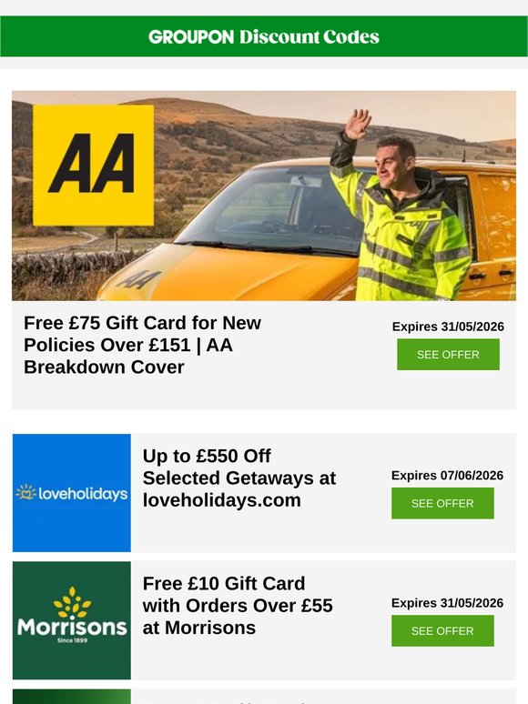 AA Breakdown Cover - £75 gift card • LEGO - free gift • Morrisons - £10 gift card + more!