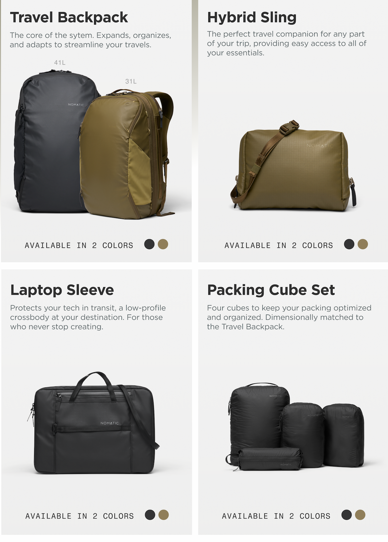 the system products (back pack, sling, laptop case)