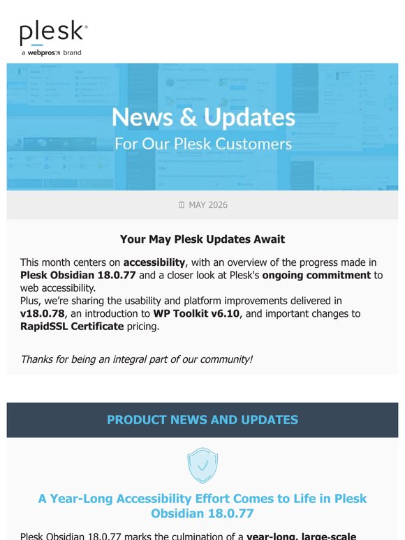 Plesk May Update: Accessibility Milestone, WP Toolkit v6.10 & RapidSSL Pricing Changes