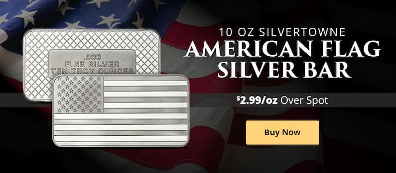 ON SALE: 10 oz SilverTowne American Flag Silver Bar (New)