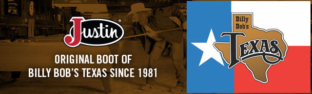 Justin logo. Original boot of Billy Bob's Texas since 1981. Billy Bob's Texas logo.