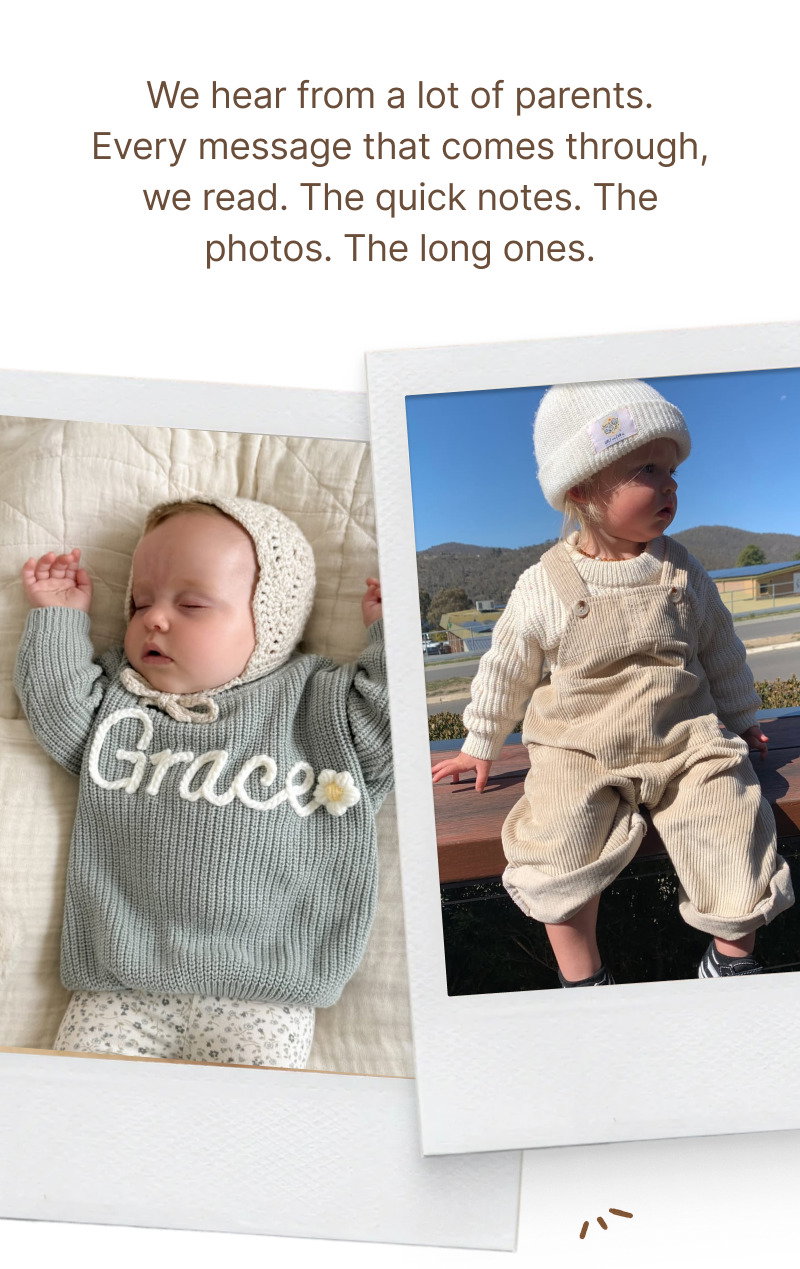 Two casual baby photos shown like printed Polaroids above centered brown text about emotional customer messages and memories.