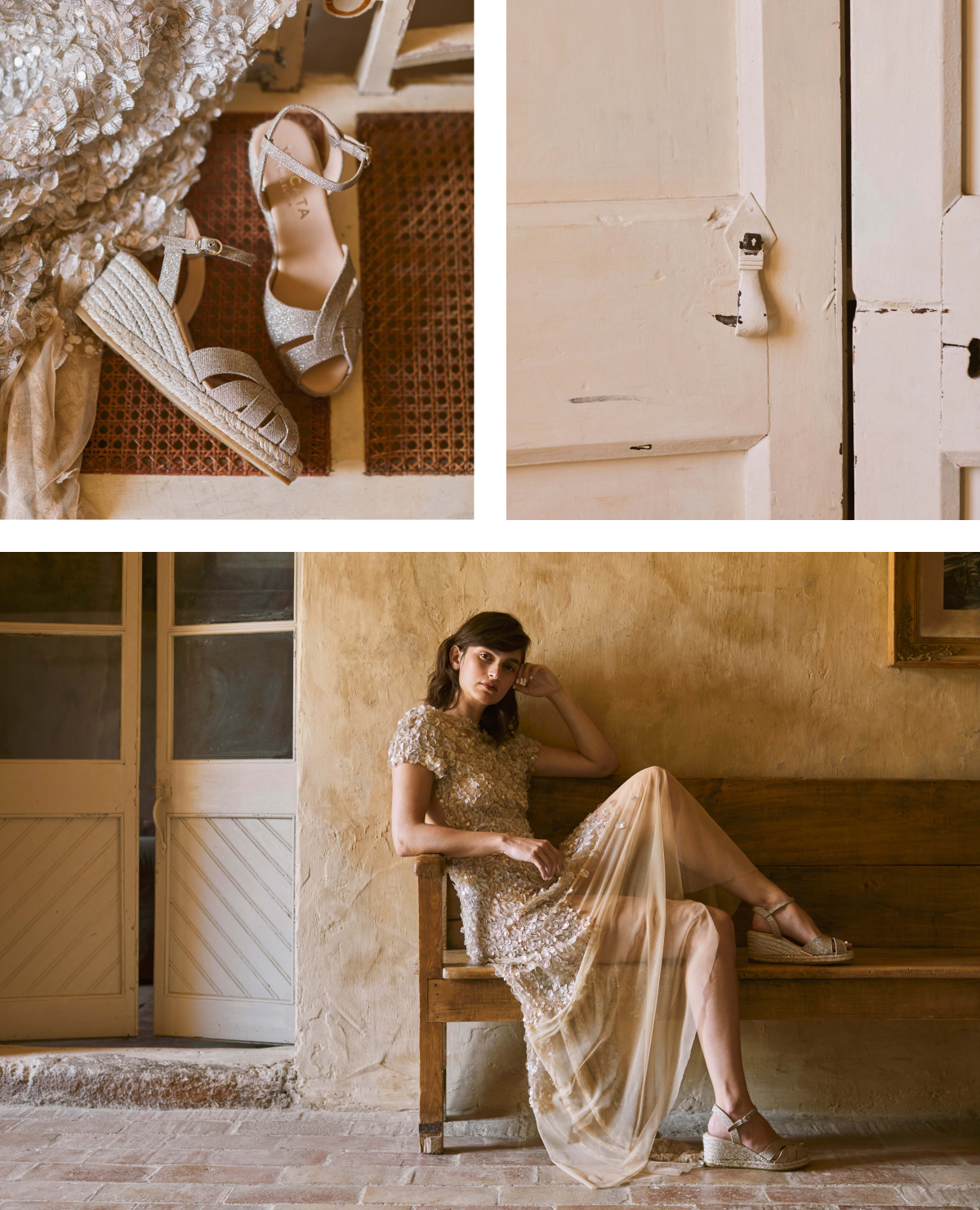 Editorial collage featuring metallic espadrille wedge sandals styled indoors with a champagne evening dress in a warm Mediterranean setting.