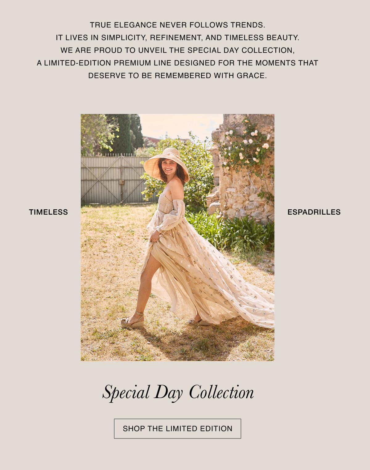 Woman wearing champagne espadrille wedges and a flowing embroidered dress from the Special Day Collection in a Mediterranean garden setting.