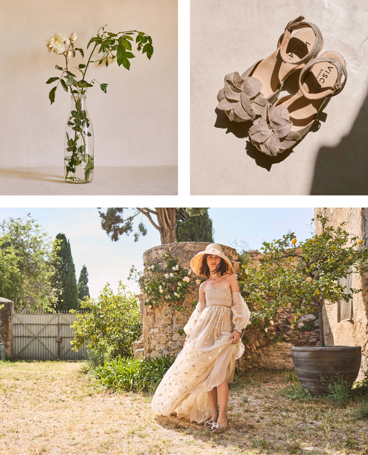 Editorial collage featuring champagne floral espadrille wedge sandals, fresh flowers, and a flowing embroidered dress in a Mediterranean garden.