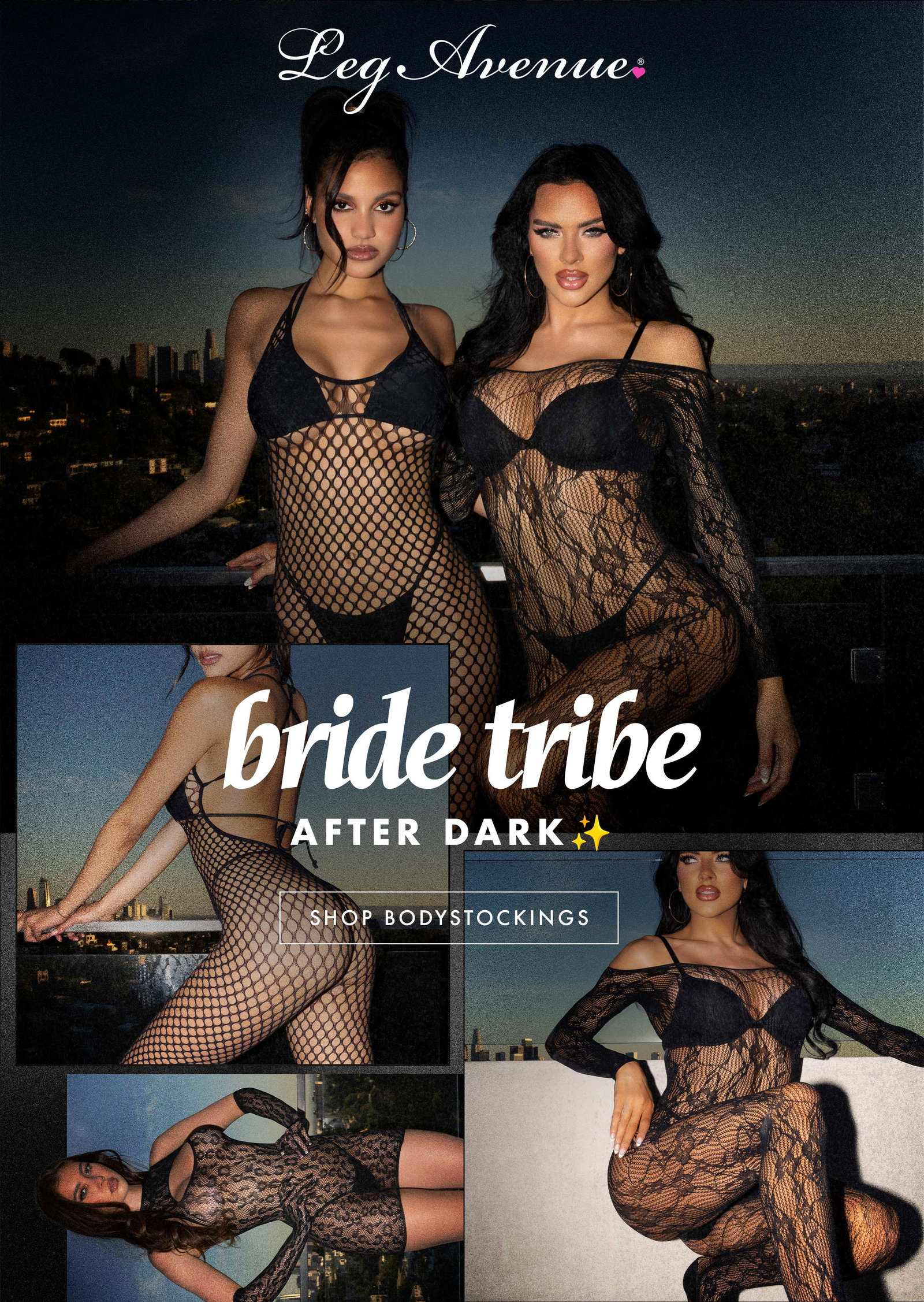 2 models wearing mesh and lacy bodystockings and bodysuits. Bride tribe after dark. Shop Bodystockings.