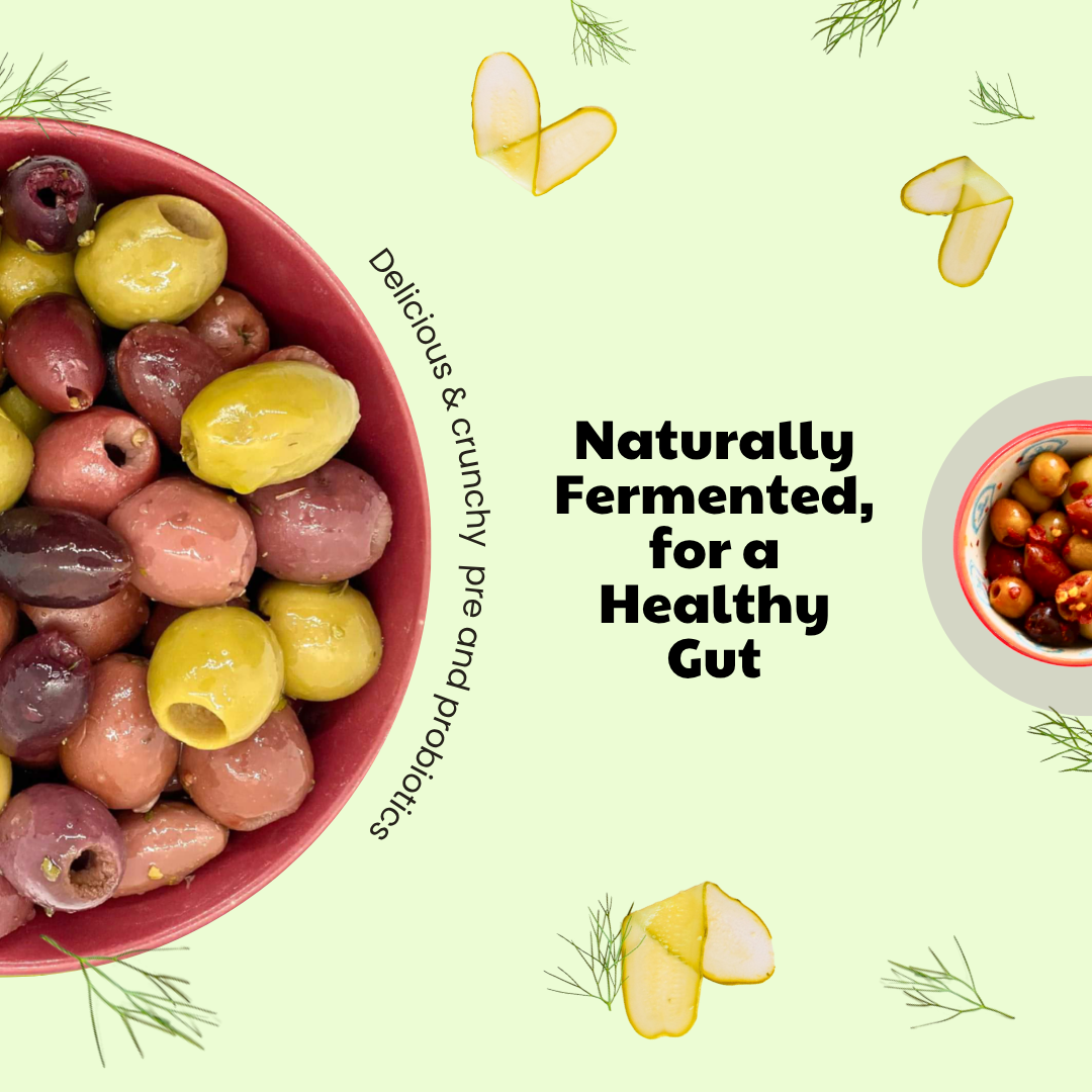A red bowl filled with assorted green, black, and purple olives sits on a light green background. Text promotes their fermented gut health benefits for pre and
