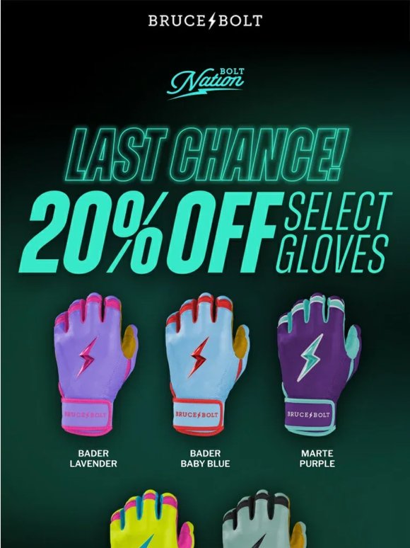 Last chance to gear up for summer ball with 20% off select batting gloves.