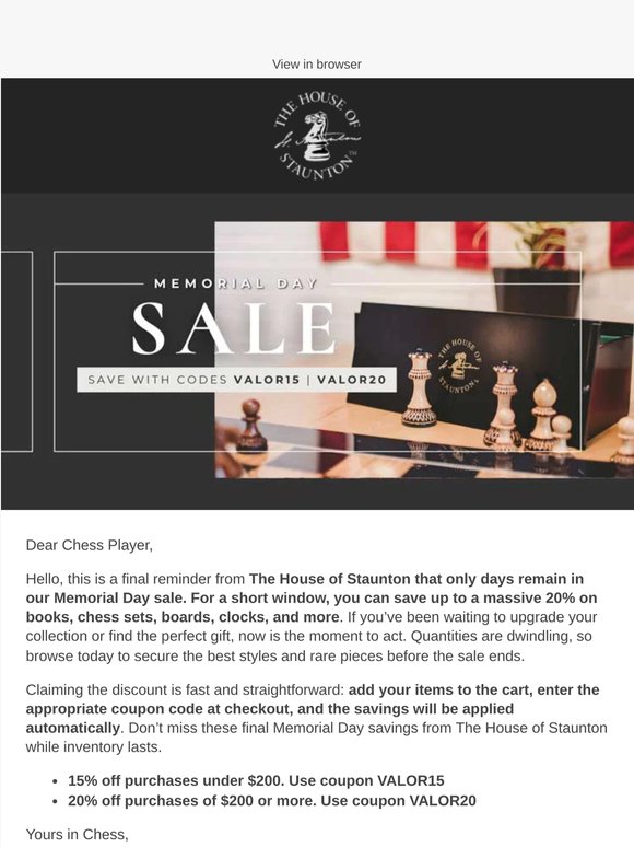 Last Chance For Our Memorial Day Sale