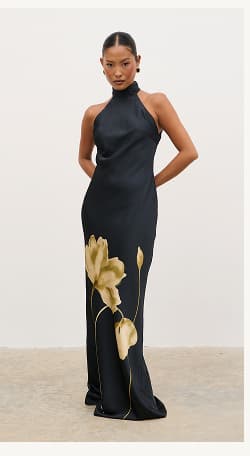Kiara Halterneck Maxi Dress in Largescale Poppy Petal Gold
