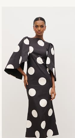Liora A-Line Midaxi Dress in Black and Cream Polkadot