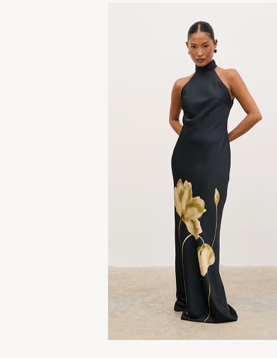 Kiara Halterneck Maxi Dress in Largescale Poppy Petal Gold