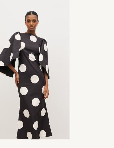 Liora A-Line Midaxi Dress in Black and Cream Polkadot