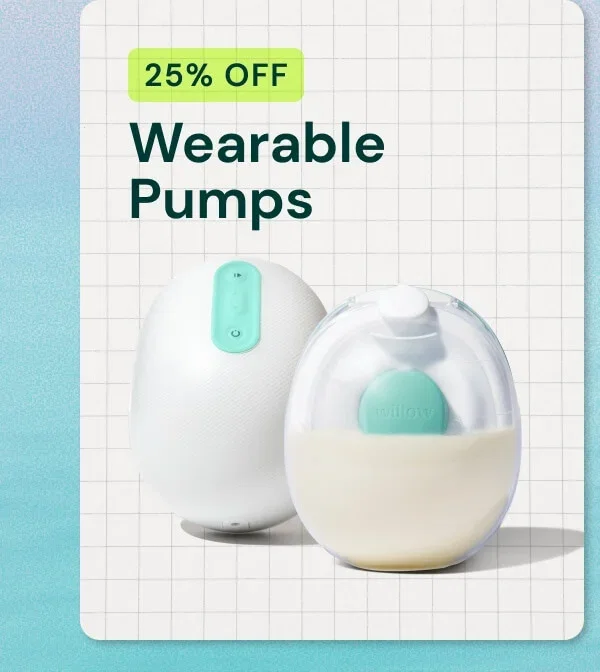 Two white Willow wearable breast pumps on a grid background with 25% OFF Wearable Pumps text.