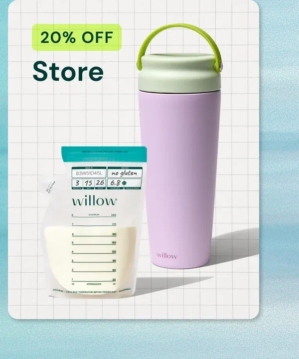 Willow milk storage bag and reusable tumbler with 20% OFF Store text.
