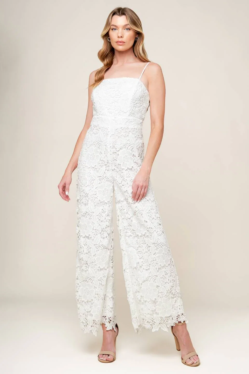 Image of Just Enough Off White Woven Lace Jumpsuit