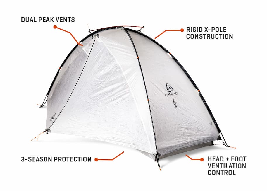 + Dual Peak Vents.  + Rigid X-Pole Construction.  + 3-Season Protection.  + Head + Foot Ventilation Control