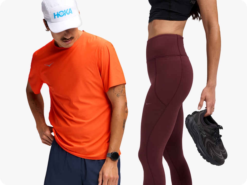 An image of two individuals dressed in athletic wear, one wearing an orange shirt and navy shorts with a white cap, the other wearing maroon leggings and holding a pair of black running shoes.