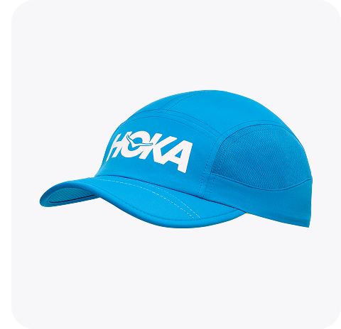 An image of a person from the front wearing the Airolite Short Sleeve, a HOKA run hat, a close up of a person zipping up the GlideTech Top, and a close up of a person wearing the Glide Shorts pulling their shirt up slightly.