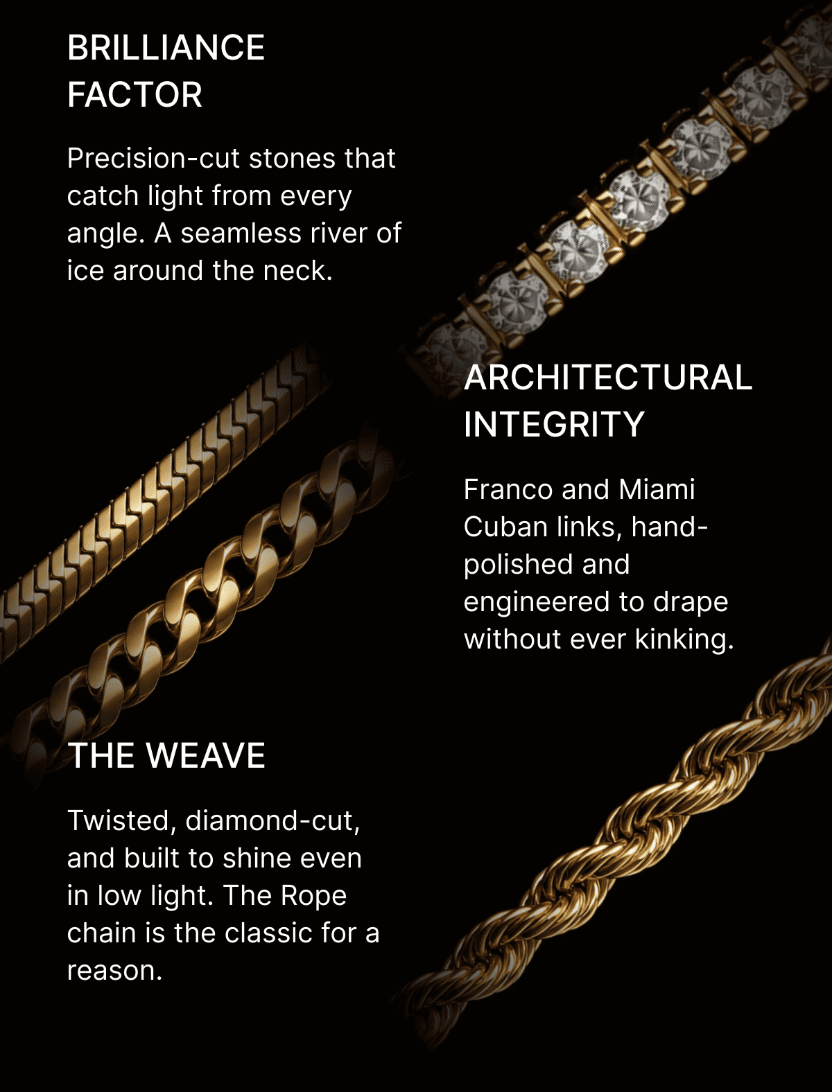 Brilliance Factor. Precision-cut stones that catch light from every angle. A seamless river of ice around the neck.Architectural Integrity. Franco and Miami Cuban links, hand-polished and engineered to drape without ever kinking.The Weave. Twisted, diamond-cut, and built to shine even in low light. The Rope chain is the classic for a reason.
