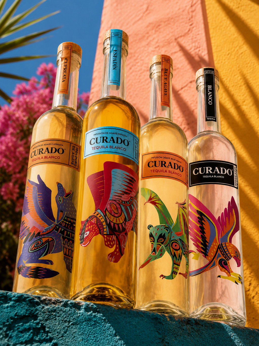 Four Curado Tequila Blanco bottles with colourful alebrije animal labels on a sunlit wall with tropical plants