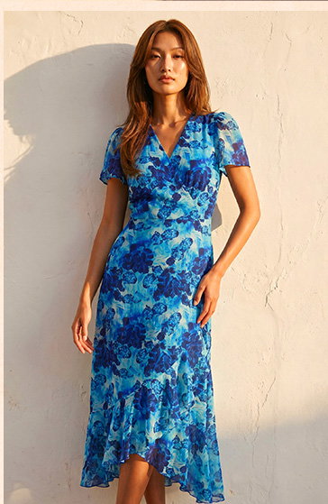 Blue Floral Frill Mesh Stretch Dress