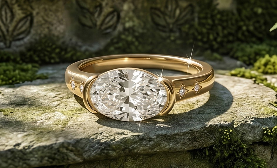 Italo Nebula Half Bezel Oval Cut Engagement Ring For Women