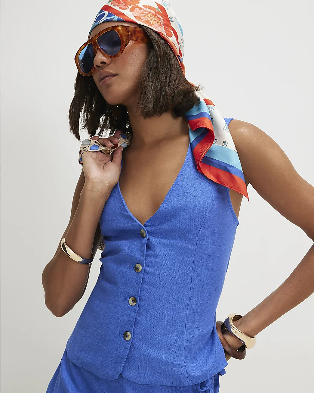 Womens Blue Linen Blend Waistcoat