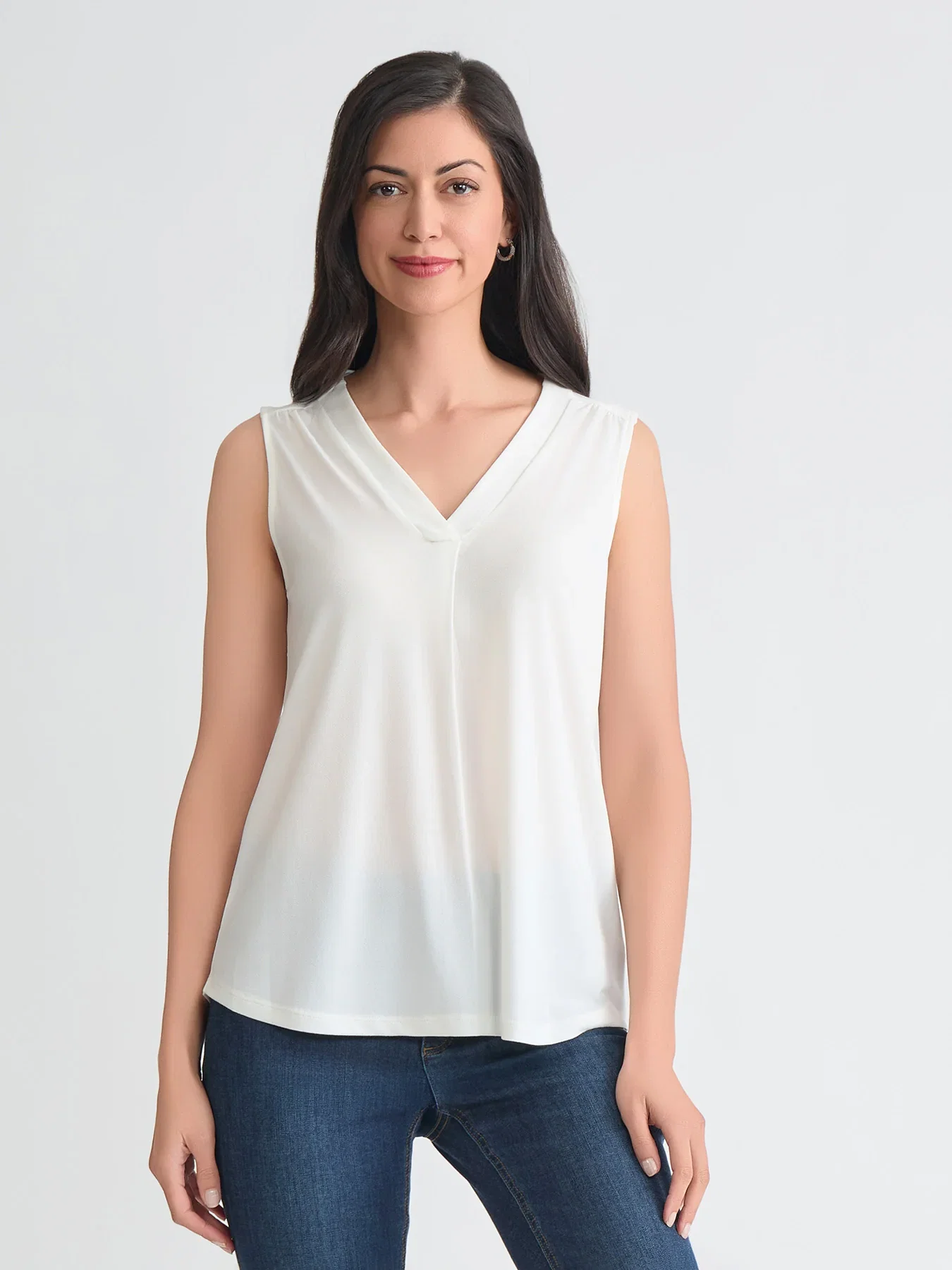 Image of Sleeveless V-Neck Pleat Front Blouse