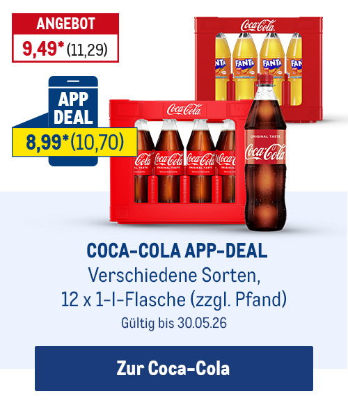 Coca-Cola, verschiedene Sorten, je 12 x 1-l-Flasche nur 8,99* als App-Deal (zzgl. Pfand)
