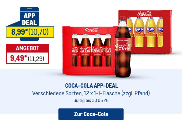 Coca-Cola, verschiedene Sorten, je 12 x 1-l-Flasche nur 8,99* als App-Deal (zzgl. Pfand)
