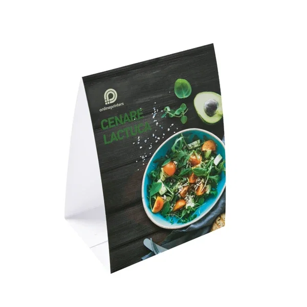 Tabelletta con l'immagine di un piatto di insalata e del testo su sfondo scuro