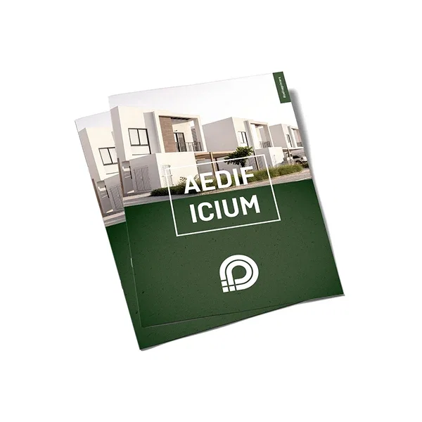 Due volantini con in copertina un moderno edificio residenziale e la scritta «AEDIF ICIUM» su sfondo verde