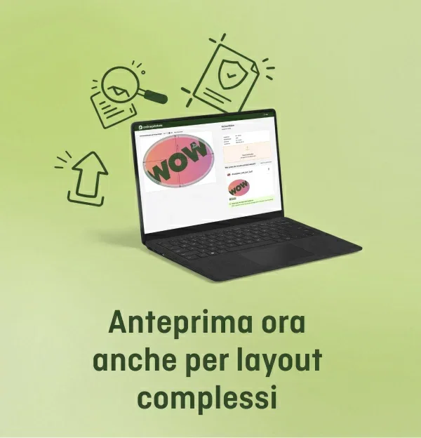 Computer portatile con schermo che mostra un layout con la scritta 'WOW' e disegni al tratto di lente d'ingrandimento, documento e freccia verso l'alto