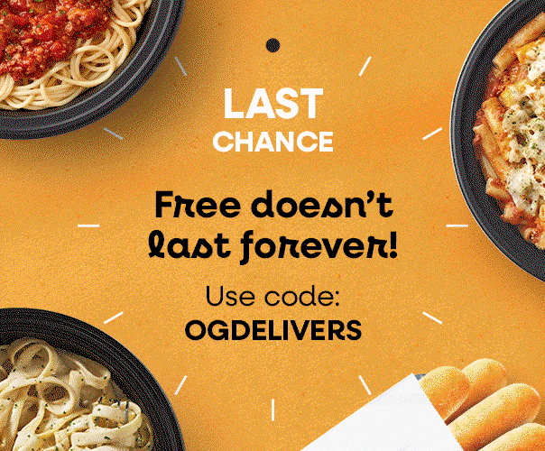 Olive Garden meals surrounding text reading “Last chance, free doesn’t last forever” with delivery code OGDELIVERS.