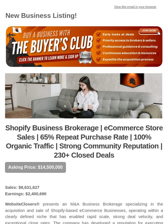 New Deal Alert: Shopify Business Brokerage | eCommerce Store Sales | 65% Repeat Purchase Rate | 100% Organic Traffic | Strong Community Reputation