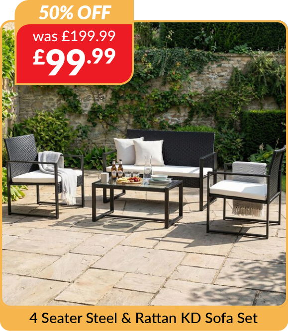4 Seater Steel and Rattan KD Sofa Set - Black. Was £199.99, now £99.99