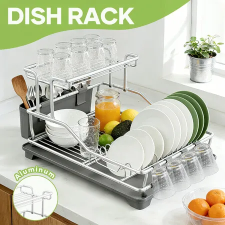 Dish Drying Rack 2 Tier Plate Drainer Cutlery Holder Aluminium Kitchen Countertop Organiser Storage Shelf for Utensil Chopping Board Cup Self Draining