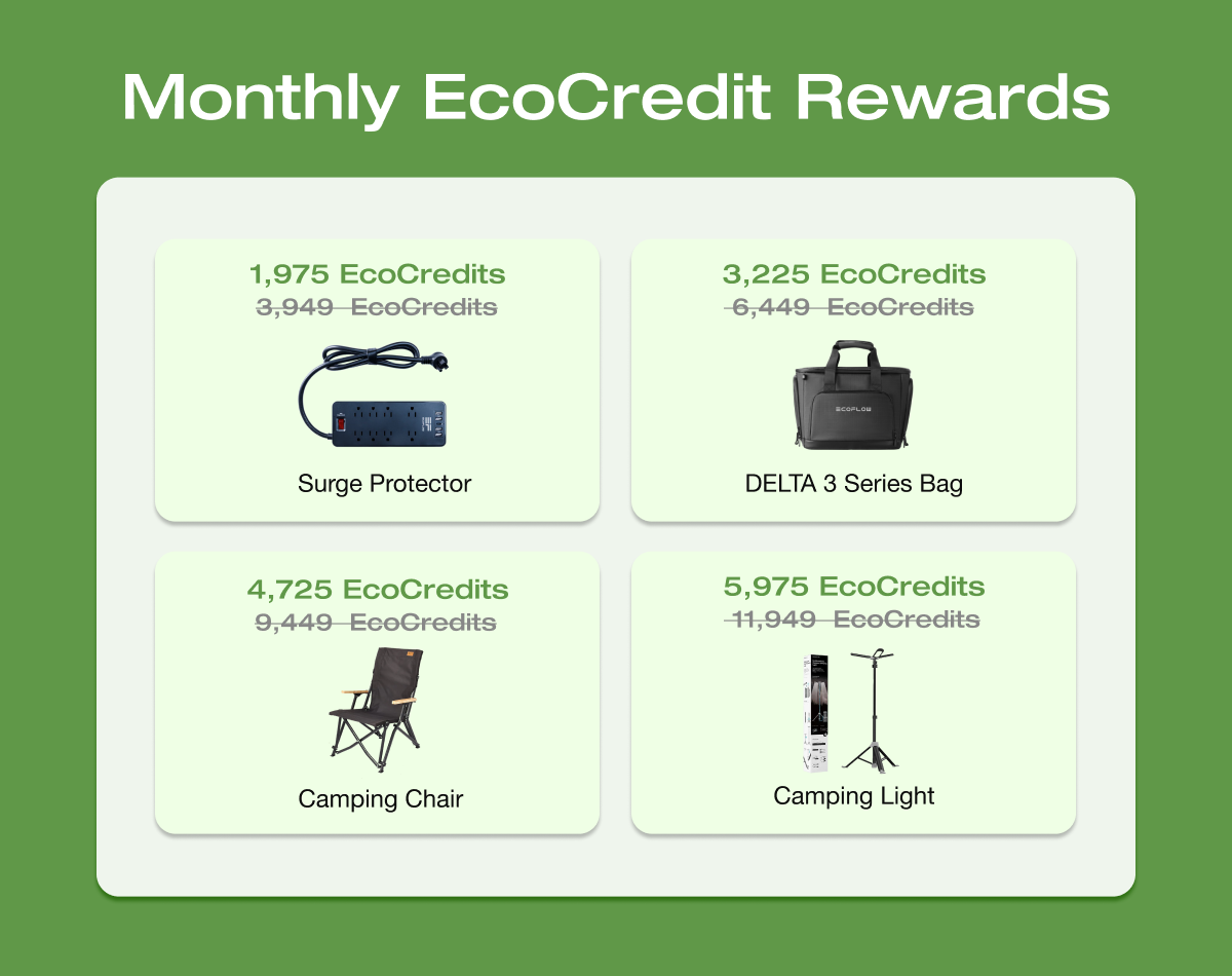 Monthly EcoCredits Rewards "1,975 EcoCredits 3,949 EcoCredits Surge Protector"	"3,225 EcoCredits 6,449 EcoCredits DELTA 3 Series Bag" "4,725 EcoCredits 9,449 EcoCredits Camping Chair"	"5,975 EcoCredits 11,949 EcoCredits Camping Light"	