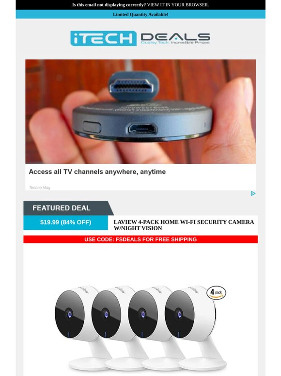 4-Pack WiFi Security Cameras $20 + Free Shipping!