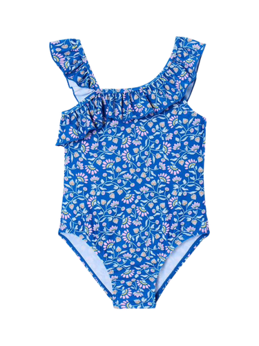 Badeanzug mit Volant und Blumenmuster Mädchen - blau