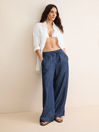 Women's Chambray Wide Leg Trousers in Denim Blue